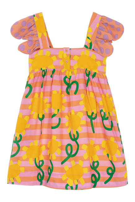 فستان مخطط بنقشة زهور  عباد الشمس قطن للأطفال